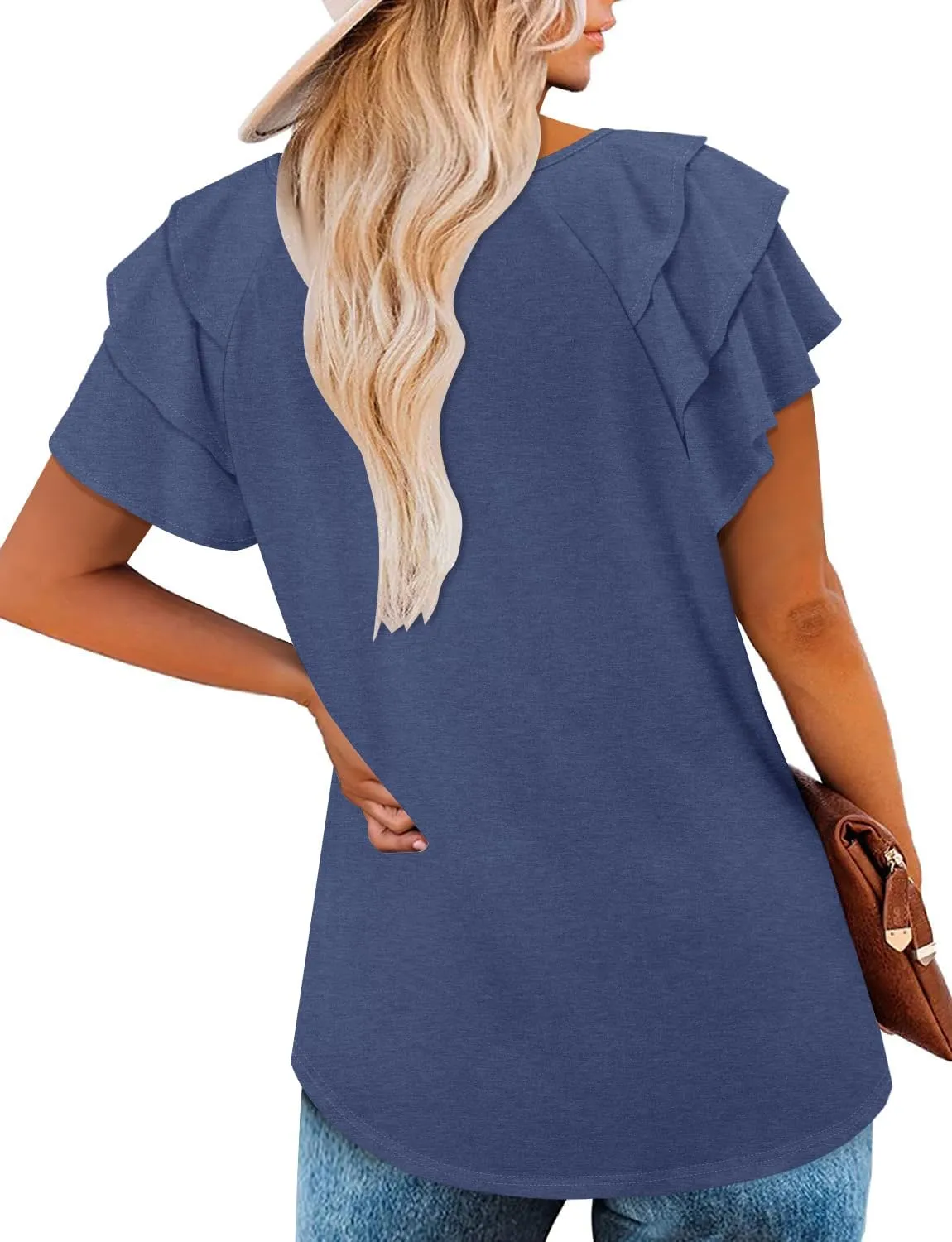 ONLYSHE Womens Summer Tunic Tops Ruffle Sleeve Pullf Short Sleeve Shirts