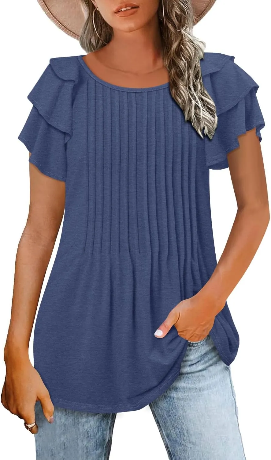 ONLYSHE Womens Summer Tunic Tops Ruffle Sleeve Pullf Short Sleeve Shirts