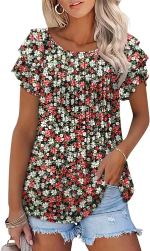 ONLYSHE Womens Summer Tunic Tops Ruffle Sleeve Pullf Short Sleeve Shirts