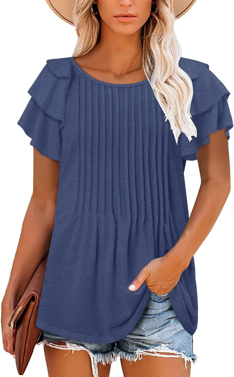 ONLYSHE Womens Summer Tunic Tops Ruffle Sleeve Pullf Short Sleeve Shirts