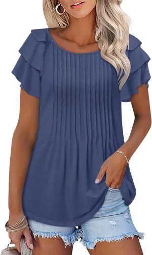 ONLYSHE Womens Summer Tunic Tops Ruffle Sleeve Pullf Short Sleeve Shirts