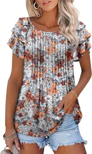 ONLYSHE Womens Summer Tunic Tops Ruffle Sleeve Pullf Short Sleeve Shirts