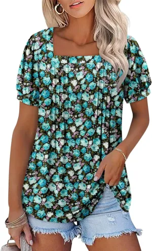 ONLYSHE Womens Summer Tunic Tops Ruffle Sleeve Pullf Short Sleeve Shirts