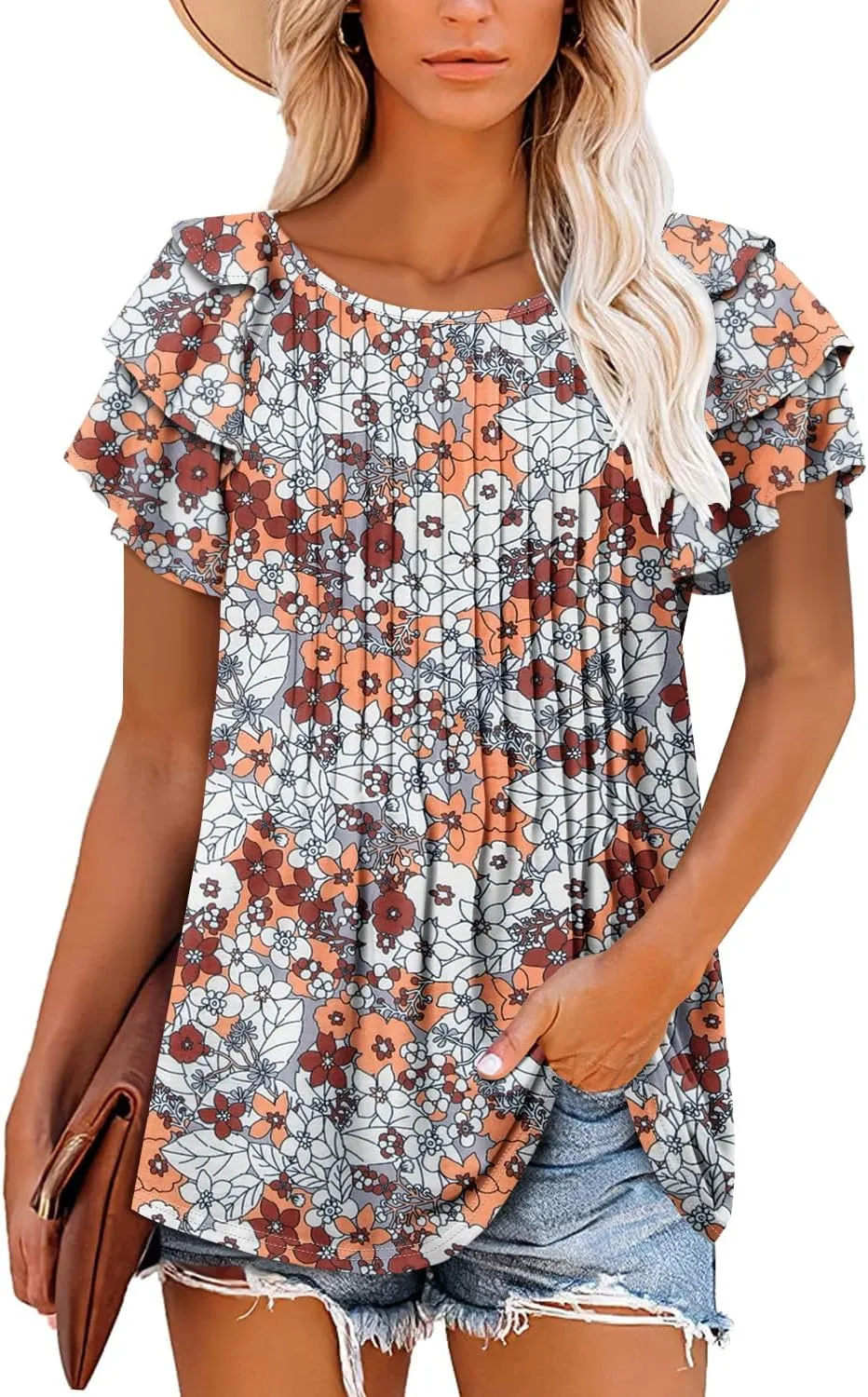ONLYSHE Womens Summer Tunic Tops Ruffle Sleeve Pullf Short Sleeve Shirts