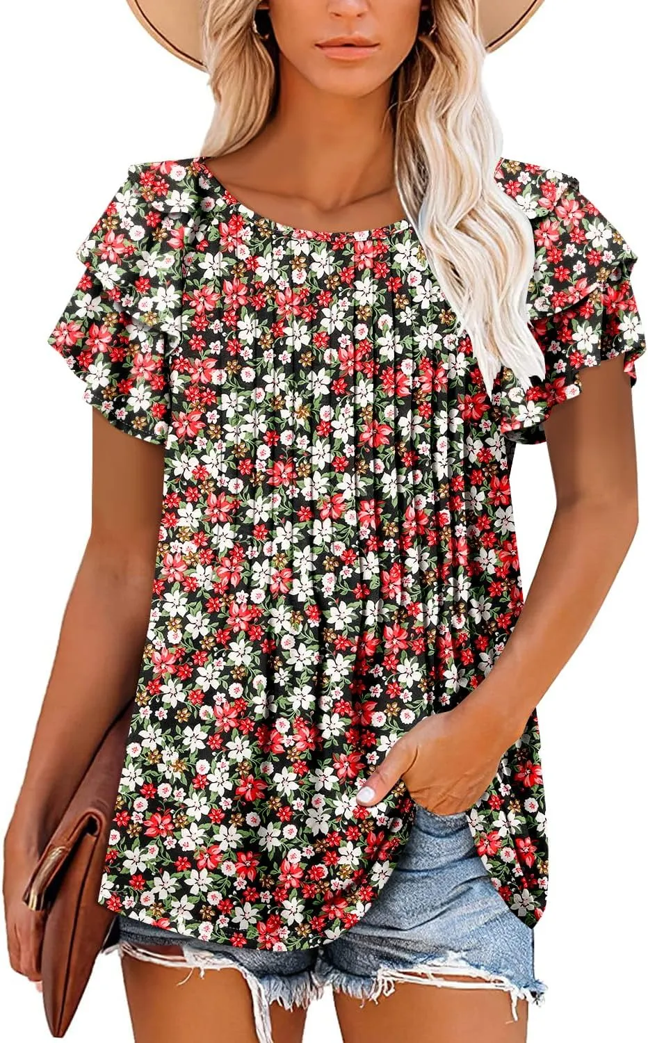ONLYSHE Womens Summer Tunic Tops Ruffle Sleeve Pullf Short Sleeve Shirts