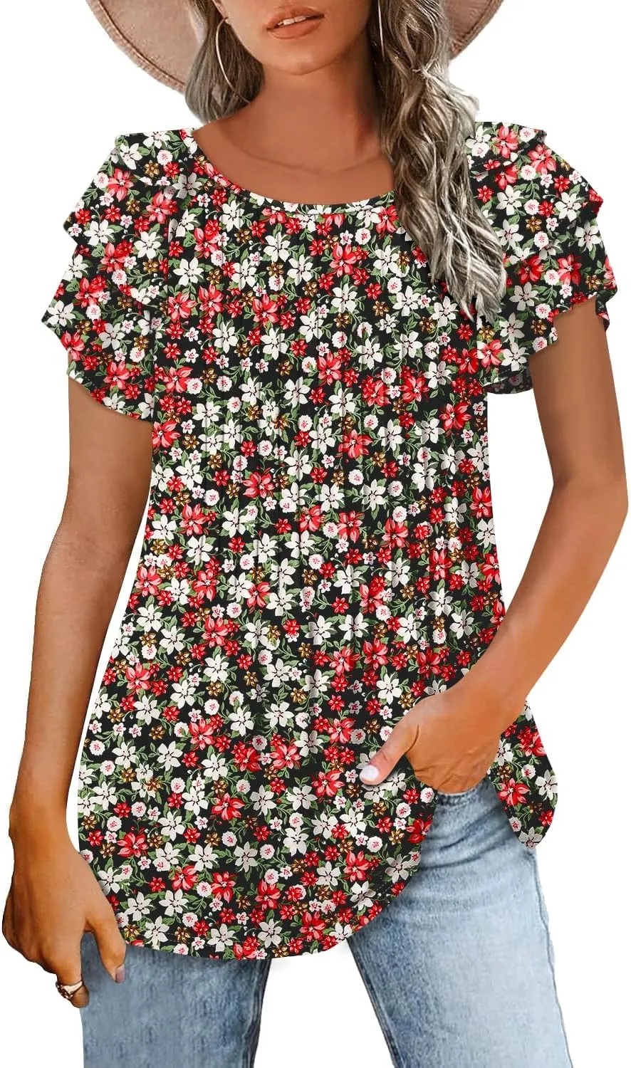 ONLYSHE Womens Summer Tunic Tops Ruffle Sleeve Pullf Short Sleeve Shirts