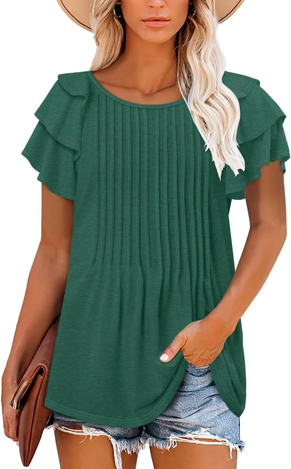 ONLYSHE Womens Summer Tunic Tops Ruffle Sleeve Pullf Short Sleeve Shirts