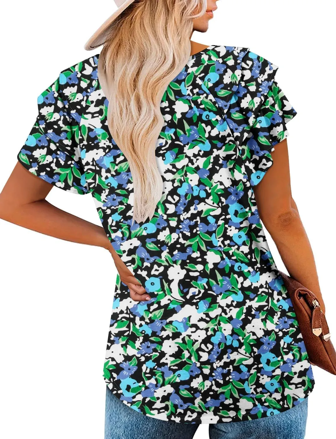 ONLYSHE Womens Summer Tunic Tops Ruffle Sleeve Pullf Short Sleeve Shirts
