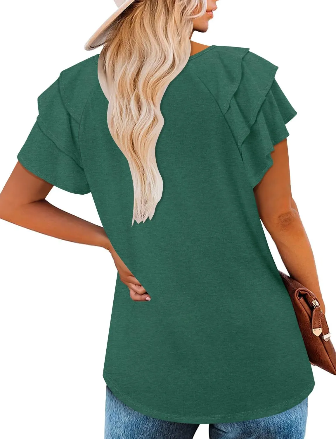 ONLYSHE Womens Summer Tunic Tops Ruffle Sleeve Pullf Short Sleeve Shirts