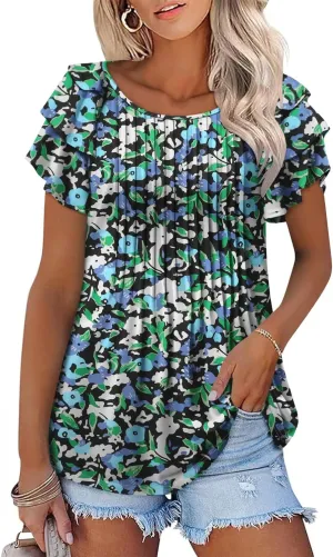 ONLYSHE Womens Summer Tunic Tops Ruffle Sleeve Pullf Short Sleeve Shirts