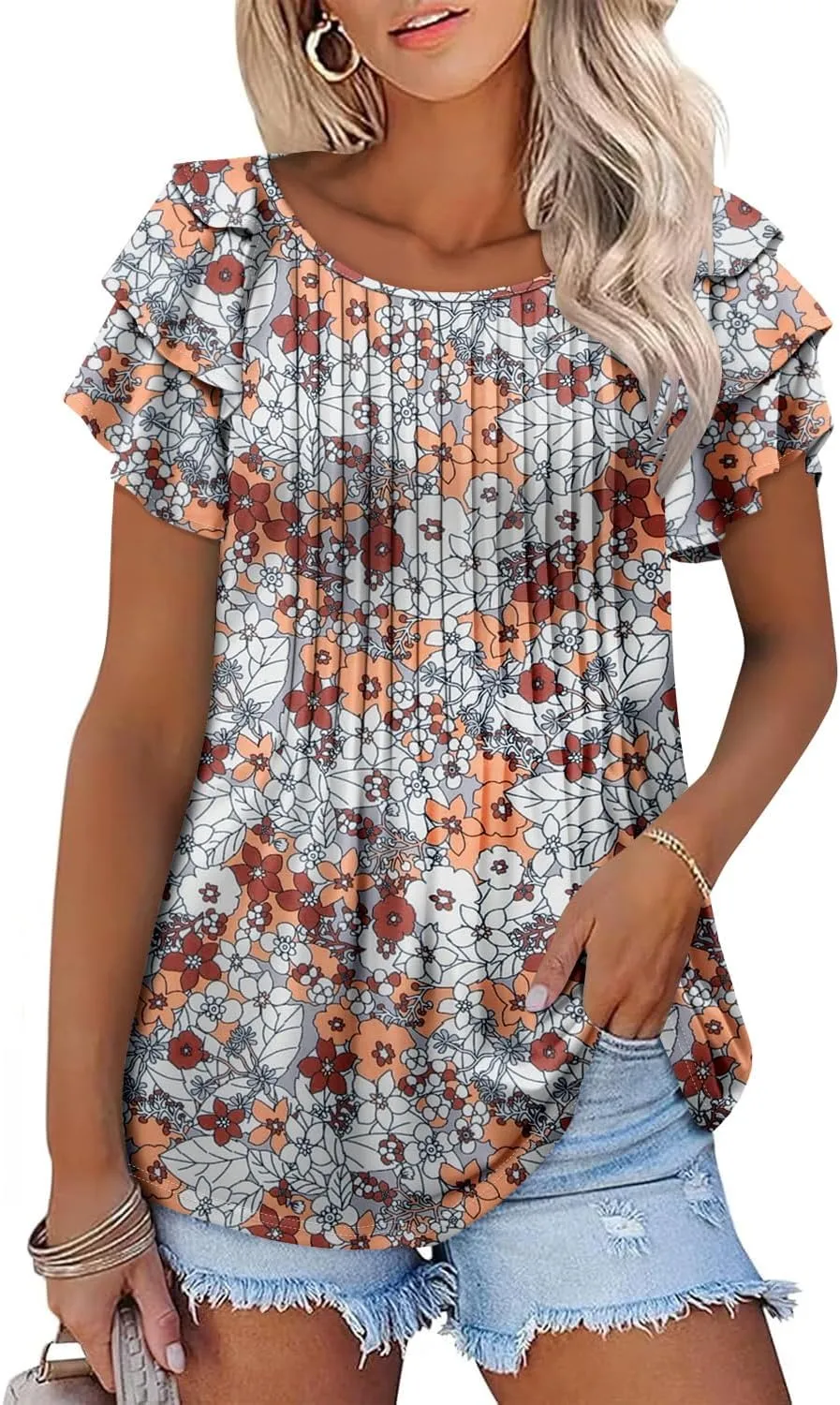 ONLYSHE Womens Summer Tunic Tops Ruffle Sleeve Pullf Short Sleeve Shirts