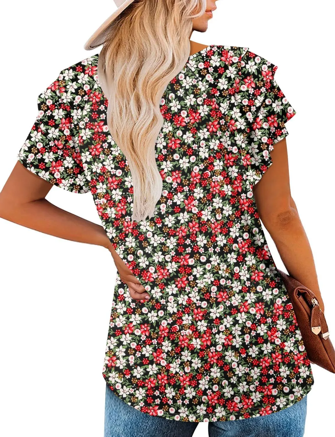 ONLYSHE Womens Summer Tunic Tops Ruffle Sleeve Pullf Short Sleeve Shirts