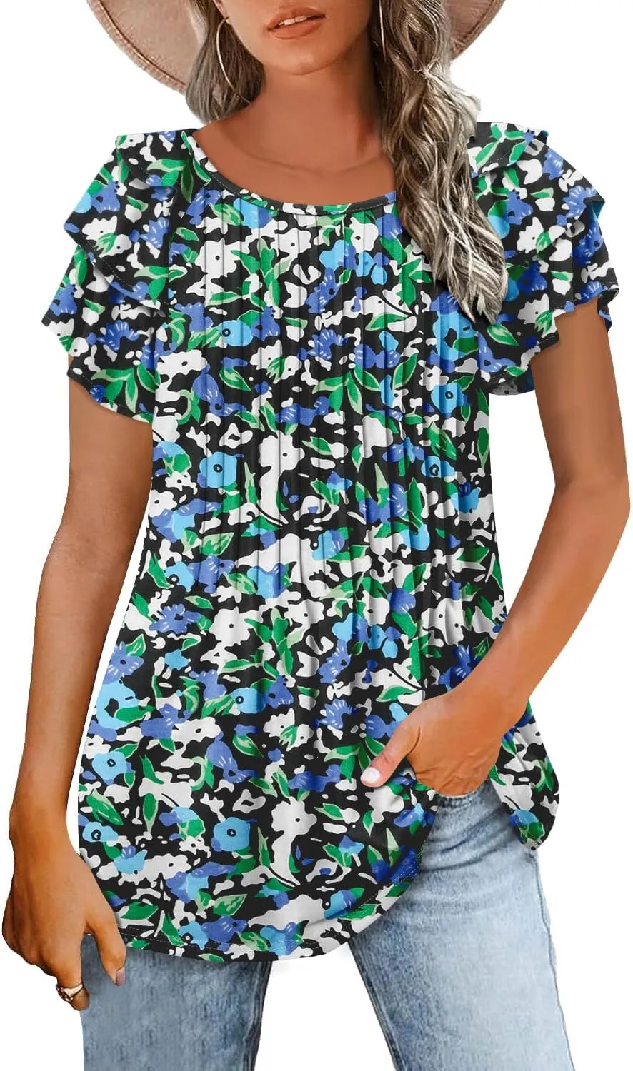 ONLYSHE Womens Summer Tunic Tops Ruffle Sleeve Pullf Short Sleeve Shirts