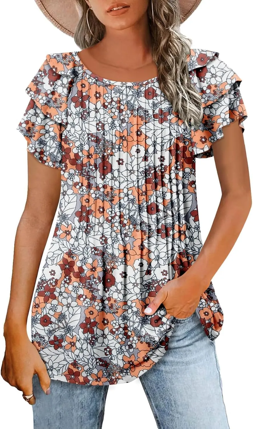 ONLYSHE Womens Summer Tunic Tops Ruffle Sleeve Pullf Short Sleeve Shirts