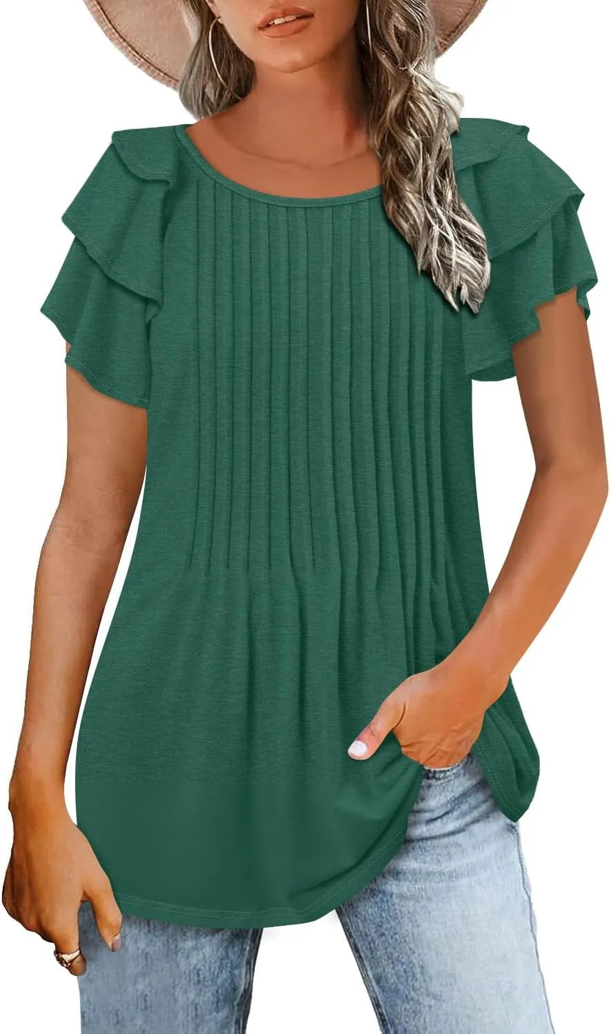 ONLYSHE Womens Summer Tunic Tops Ruffle Sleeve Pullf Short Sleeve Shirts