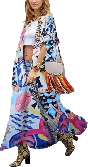 Over Sized Kimonos Women's Geometry Print Rayon Kimonos for Summer Loose Open Front Soft Long Bird