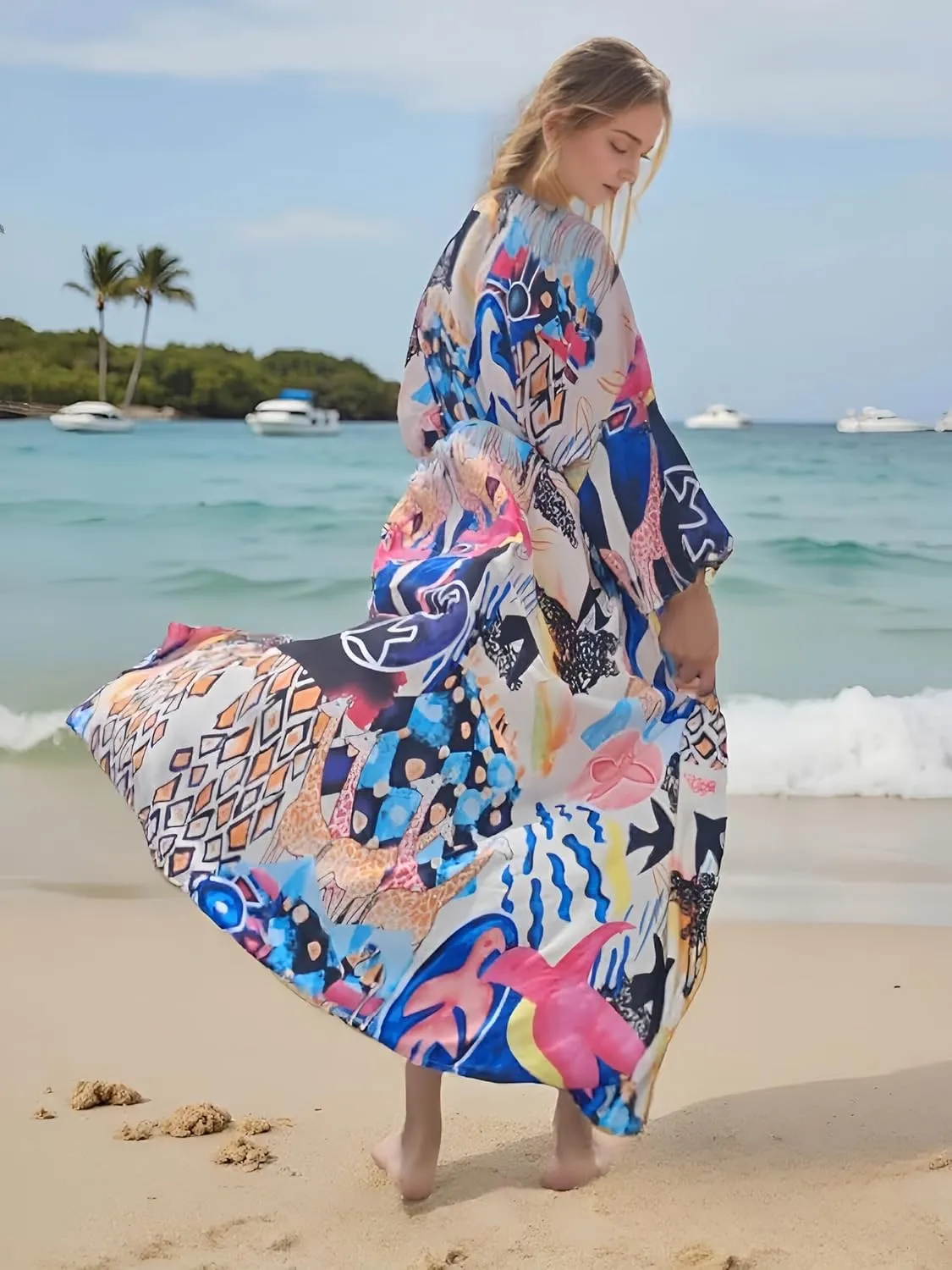 Over Sized Kimonos Women's Geometry Print Rayon Kimonos for Summer Loose Open Front Soft Long Bird