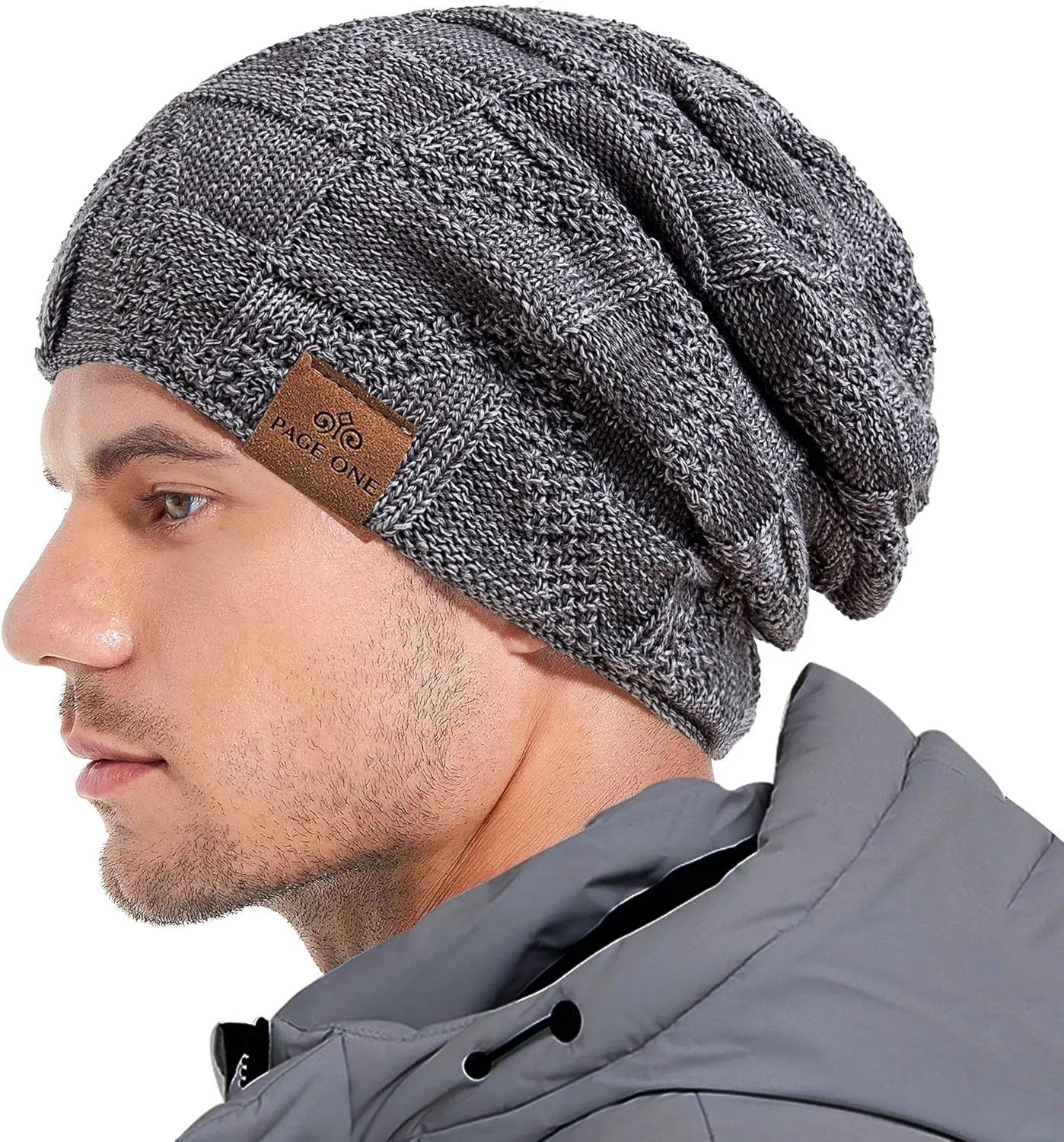 PAGE ONE Mens Winter Slouchy Beanie Warm Fleece Lined Skull Cap Baggy Cable Knit Hat