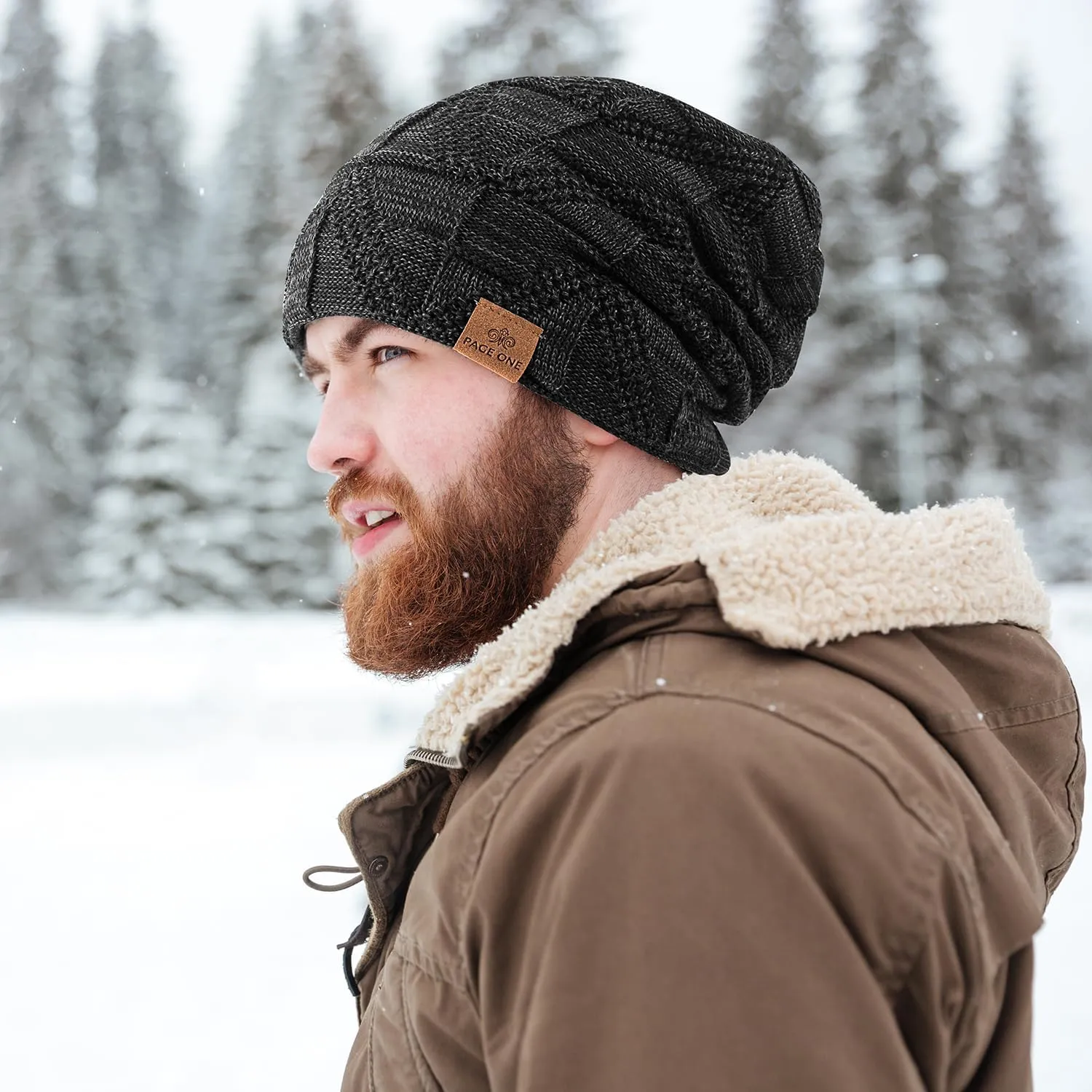 PAGE ONE Mens Winter Slouchy Beanie Warm Fleece Lined Skull Cap Baggy Cable Knit Hat
