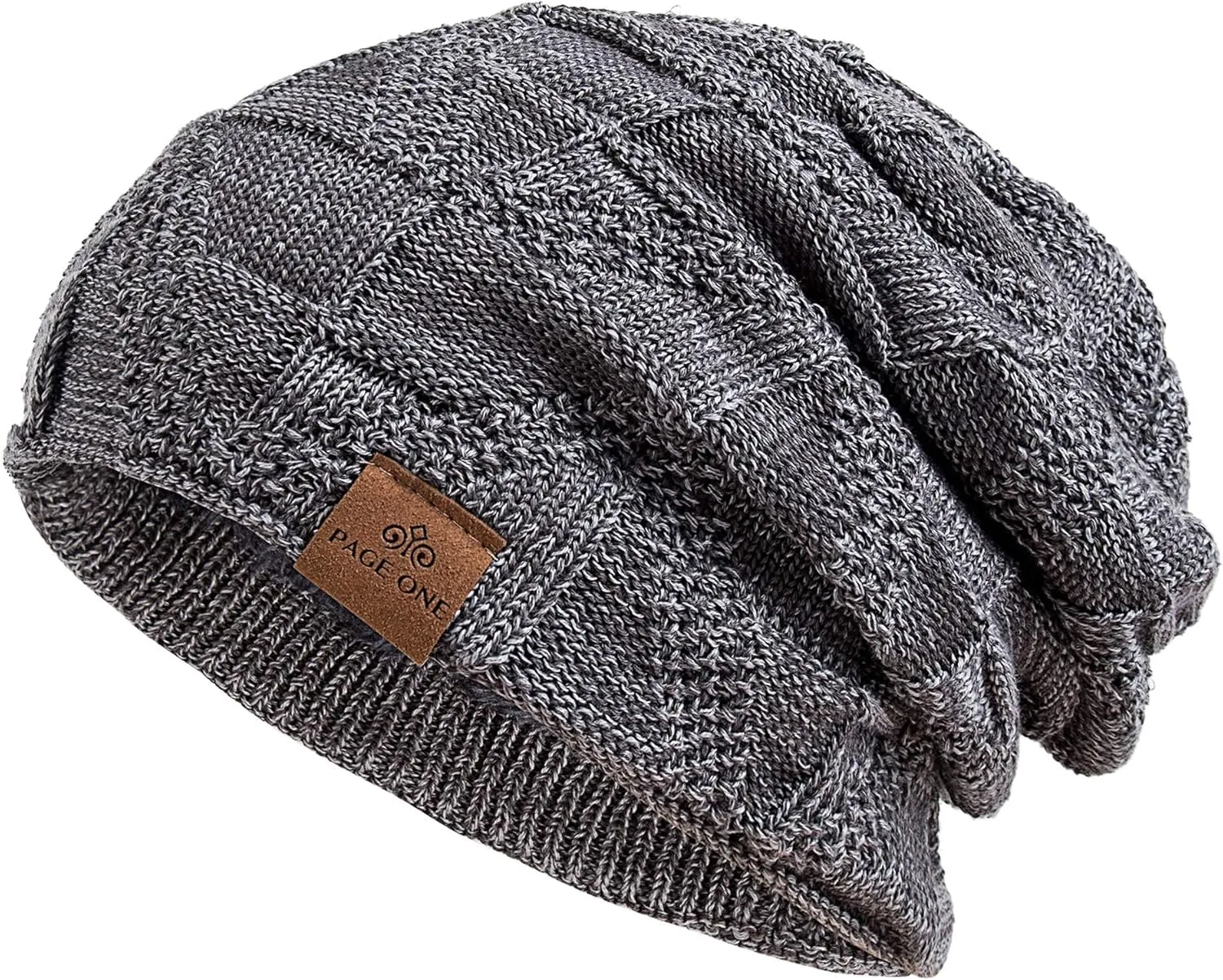 PAGE ONE Mens Winter Slouchy Beanie Warm Fleece Lined Skull Cap Baggy Cable Knit Hat
