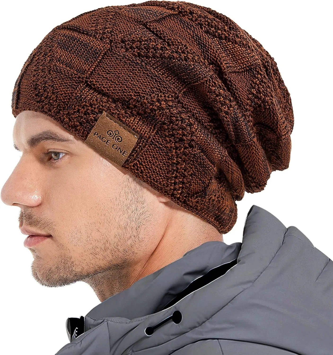 PAGE ONE Mens Winter Slouchy Beanie Warm Fleece Lined Skull Cap Baggy Cable Knit Hat