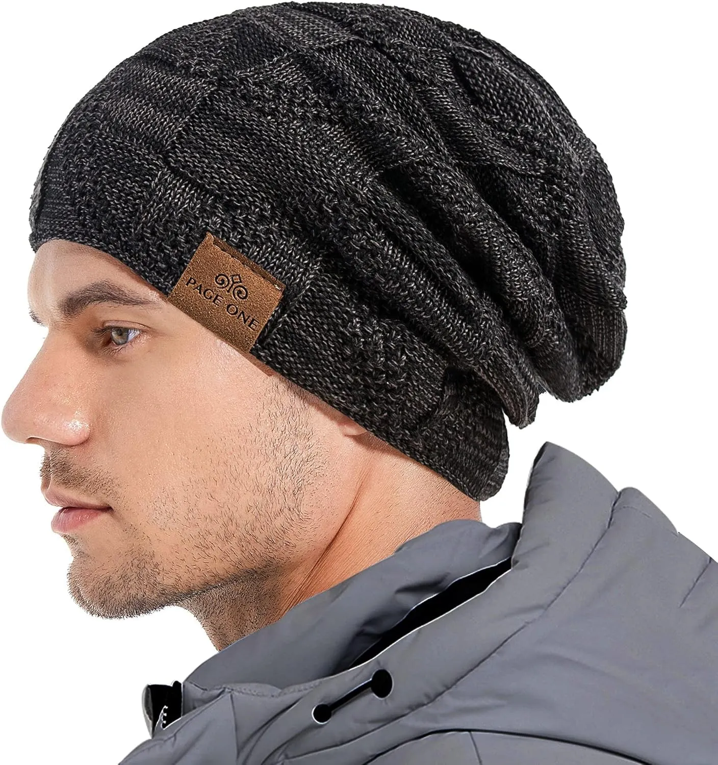 PAGE ONE Mens Winter Slouchy Beanie Warm Fleece Lined Skull Cap Baggy Cable Knit Hat
