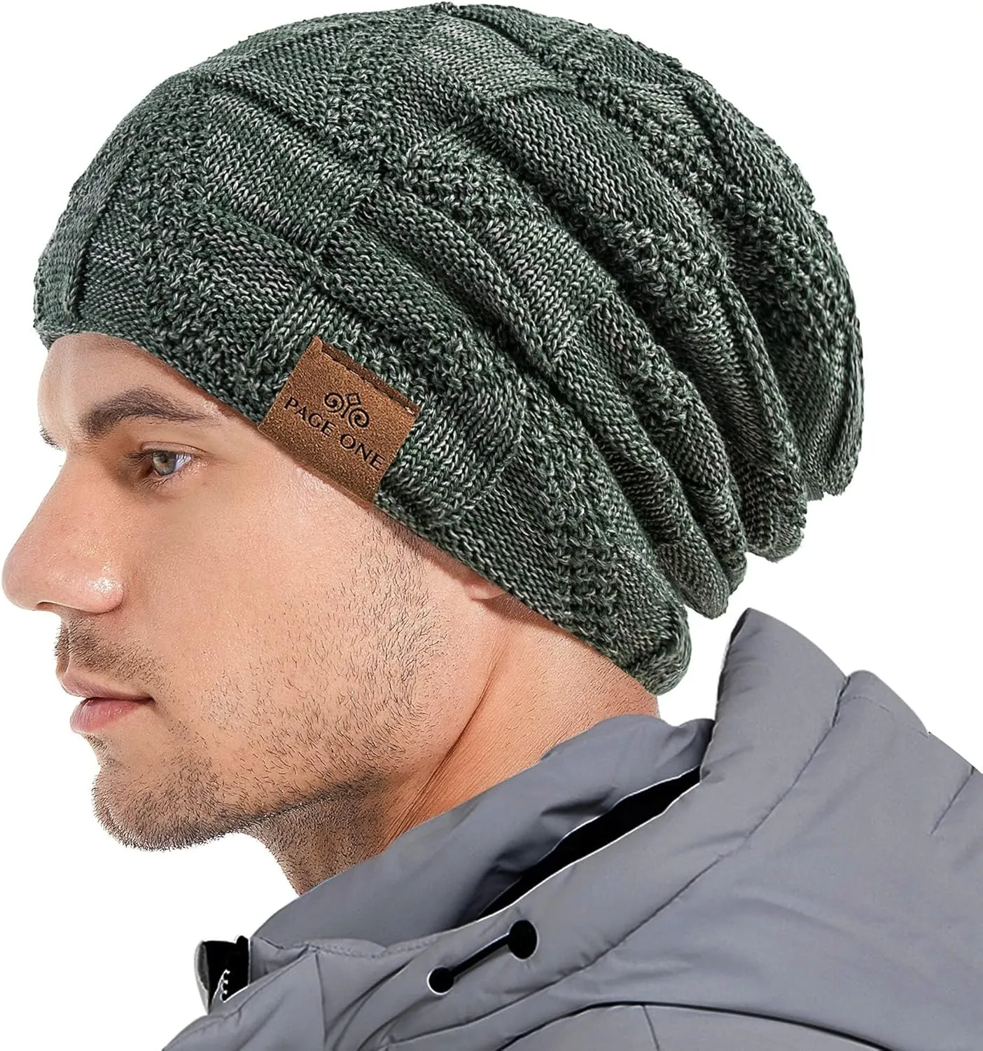 PAGE ONE Mens Winter Slouchy Beanie Warm Fleece Lined Skull Cap Baggy Cable Knit Hat