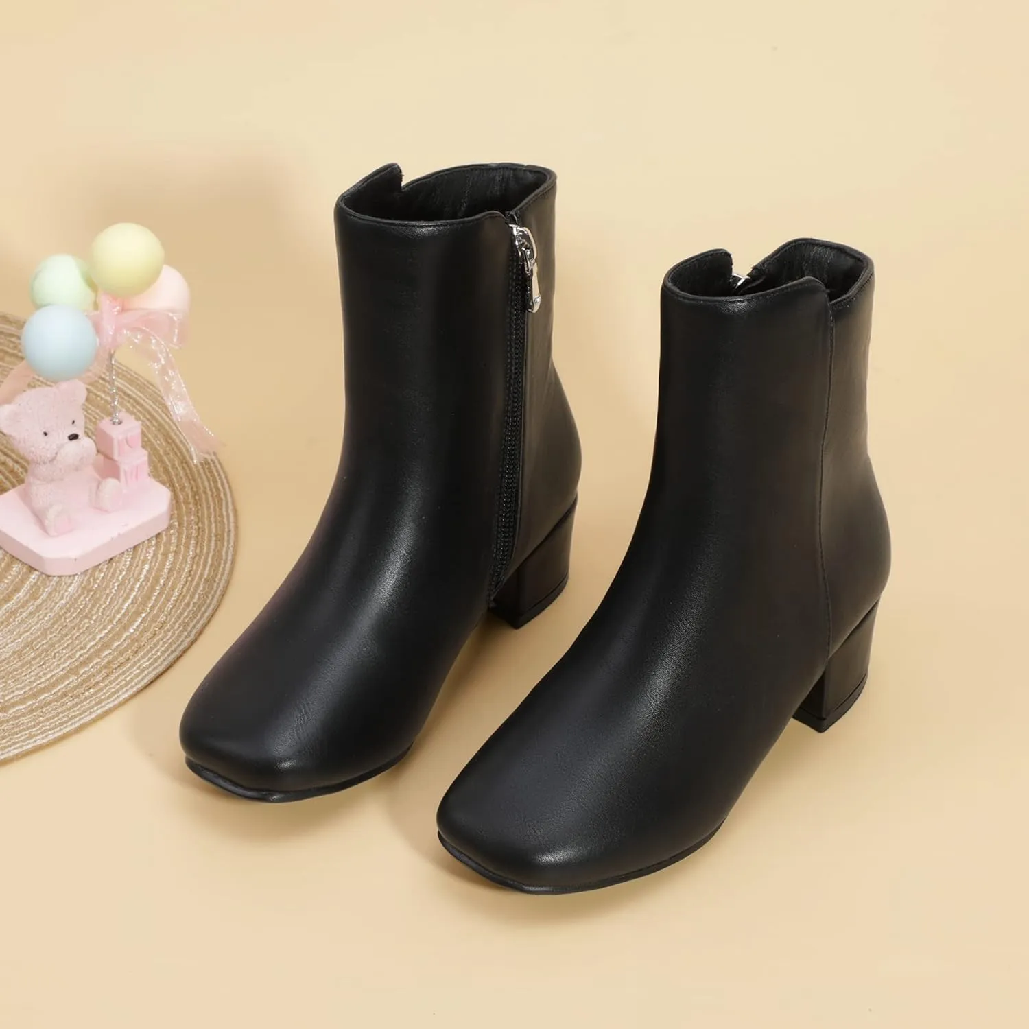 PANDANINJIA Alyssa Girls Fashion Boots Square-Toe Dress Boots Low Heel Ankle Booties with Zipper for Toddler Little Kids Big Kids