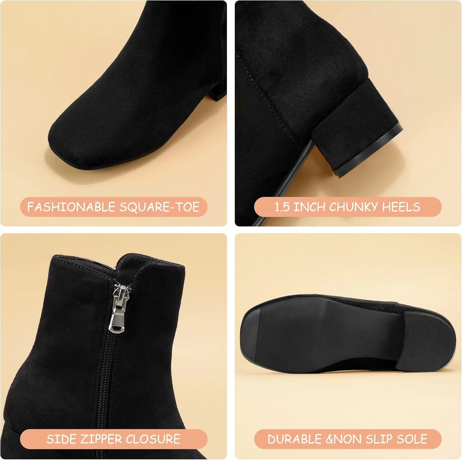 PANDANINJIA Alyssa Girls Fashion Boots Square-Toe Dress Boots Low Heel Ankle Booties with Zipper for Toddler Little Kids Big Kids