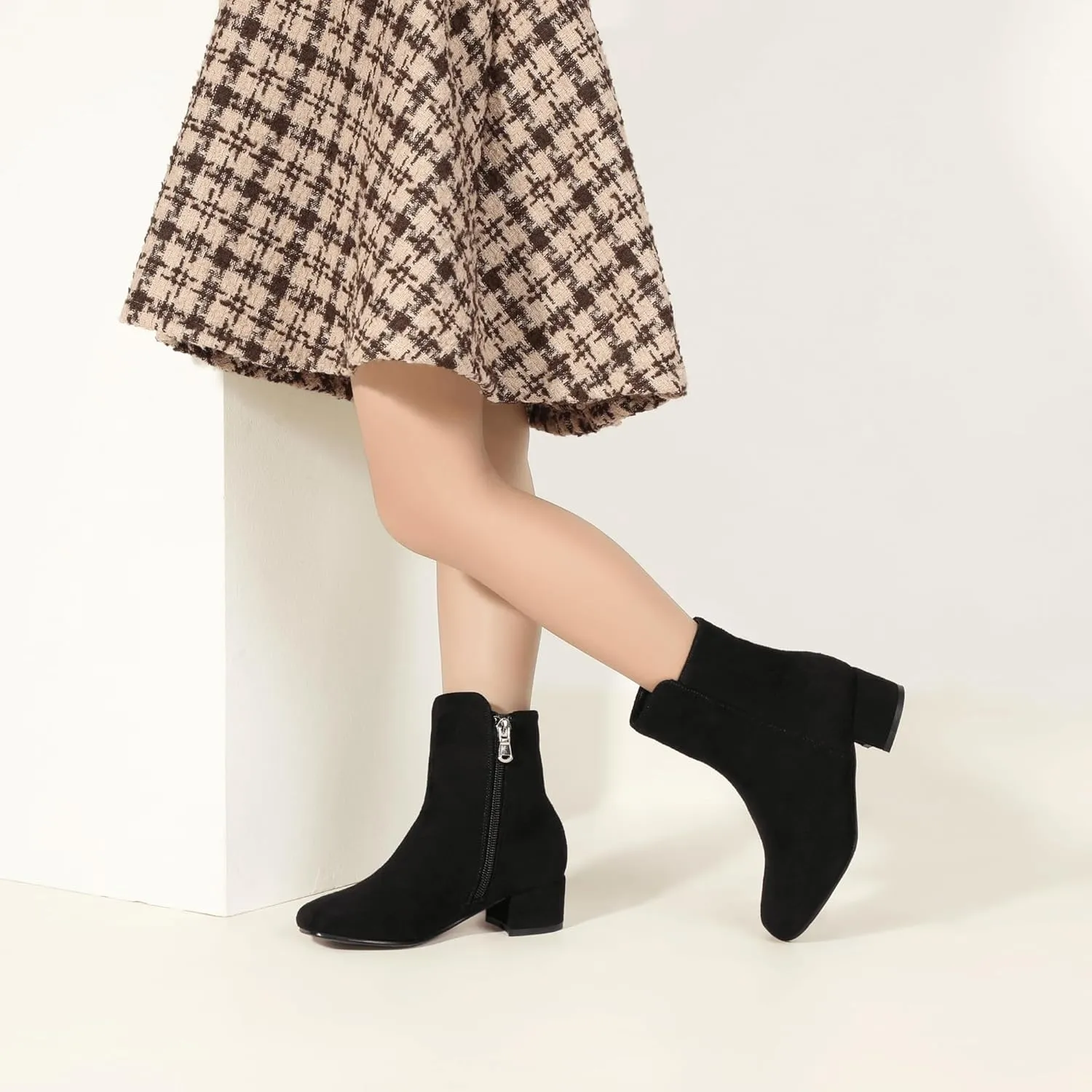 PANDANINJIA Alyssa Girls Fashion Boots Square-Toe Dress Boots Low Heel Ankle Booties with Zipper for Toddler Little Kids Big Kids