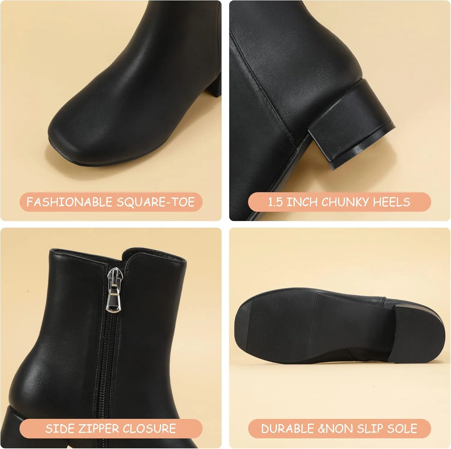 PANDANINJIA Alyssa Girls Fashion Boots Square-Toe Dress Boots Low Heel Ankle Booties with Zipper for Toddler Little Kids Big Kids