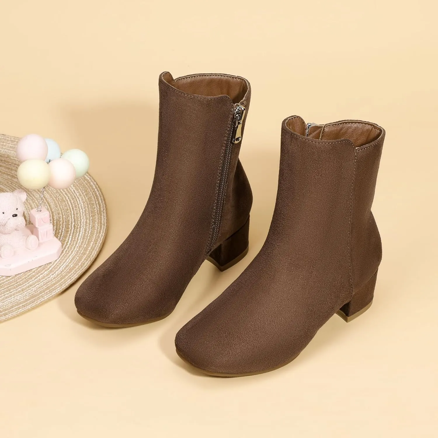 PANDANINJIA Alyssa Girls Fashion Boots Square-Toe Dress Boots Low Heel Ankle Booties with Zipper for Toddler Little Kids Big Kids