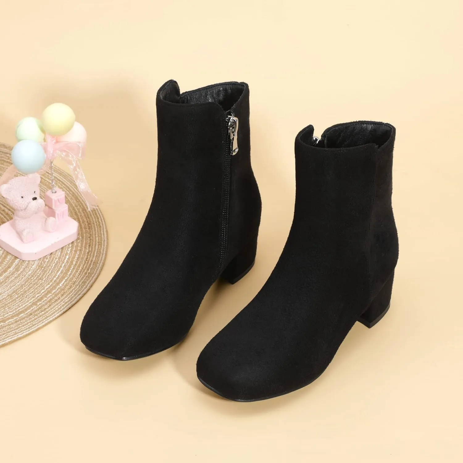 PANDANINJIA Alyssa Girls Fashion Boots Square-Toe Dress Boots Low Heel Ankle Booties with Zipper for Toddler Little Kids Big Kids