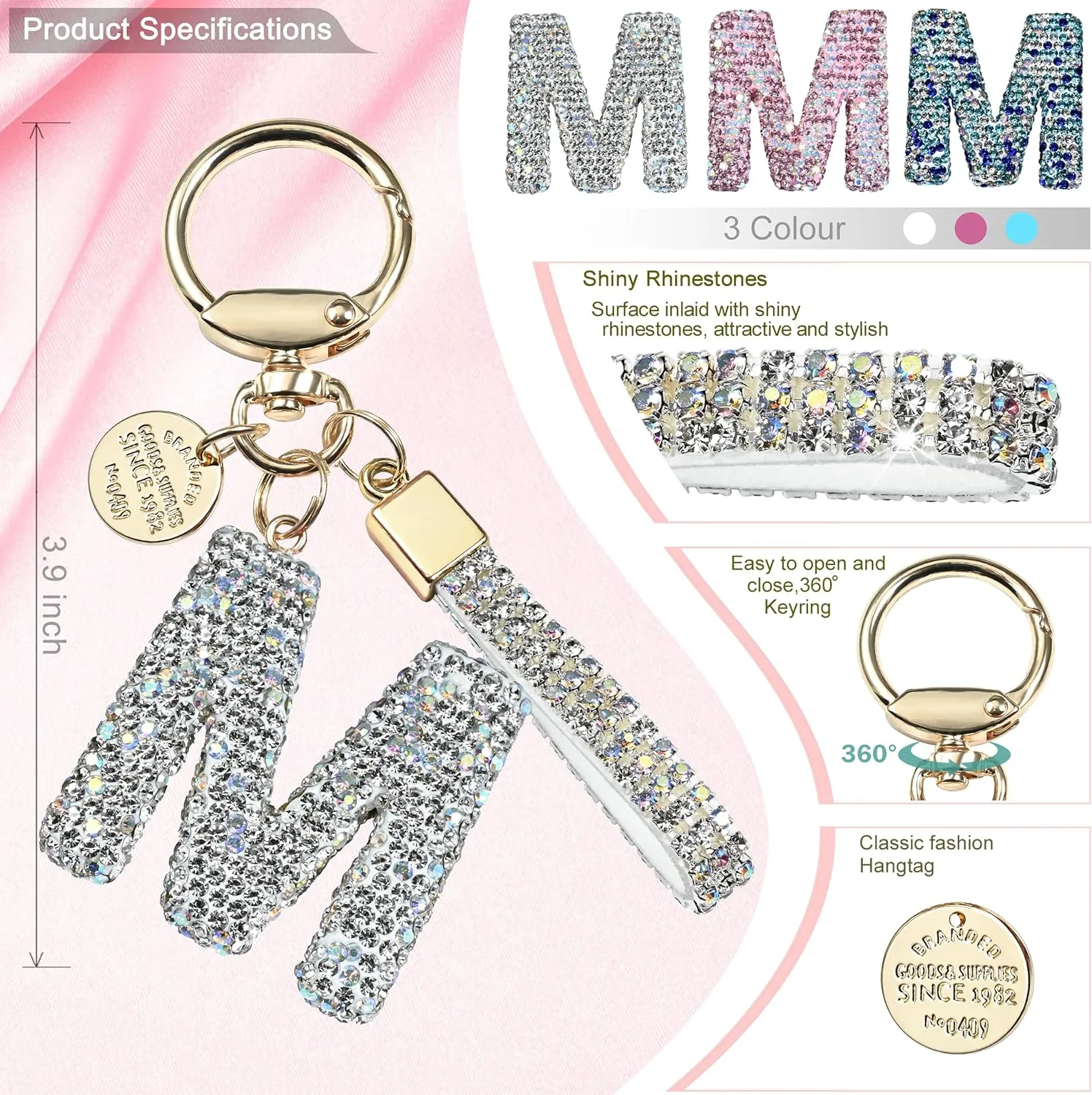 Pink Blue White Initial Letter Keychain Gift for Women Girls Bling Sparkly Cute Backpack Car Key Accessories Lanyard