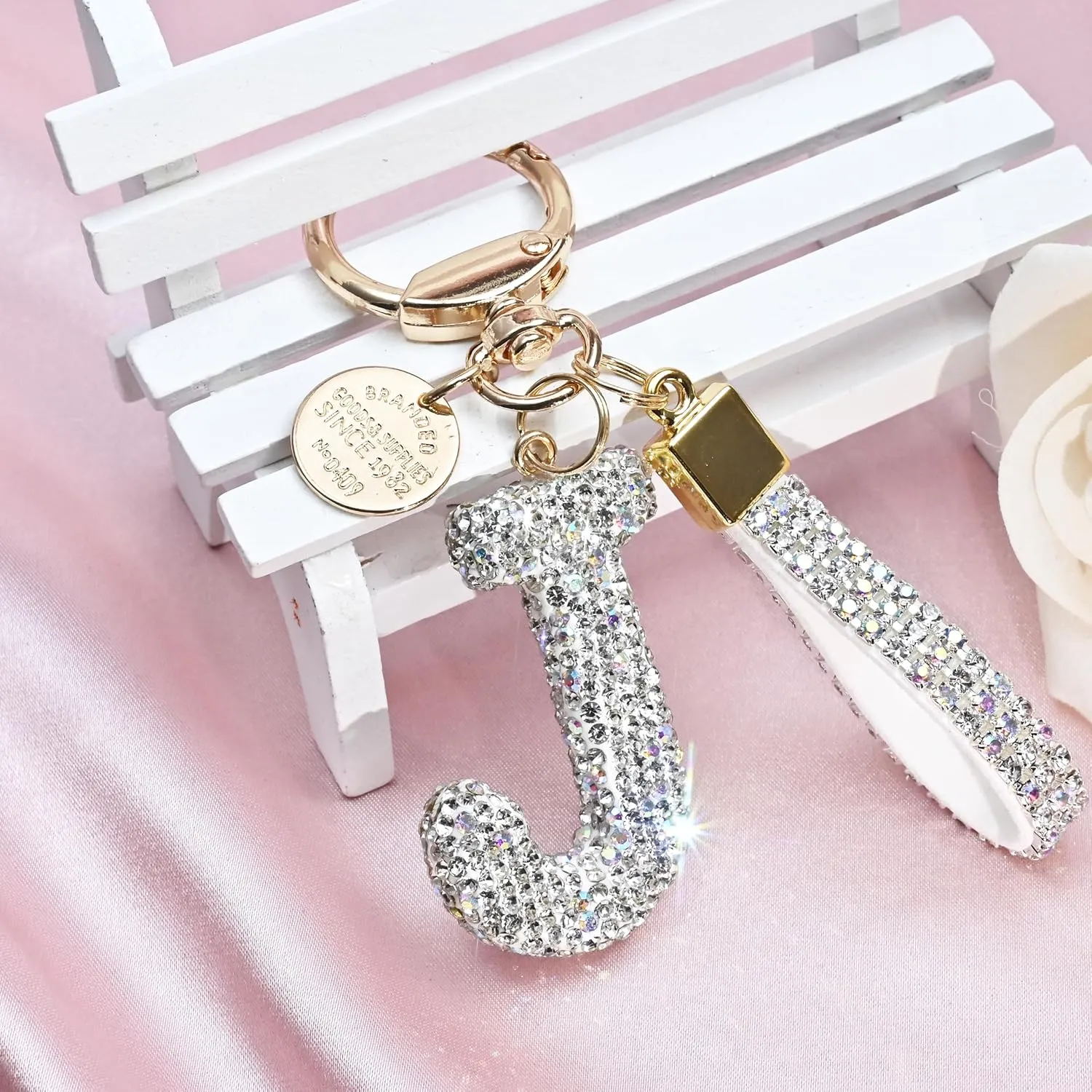 Pink Blue White Initial Letter Keychain Gift for Women Girls Bling Sparkly Cute Backpack Car Key Accessories Lanyard