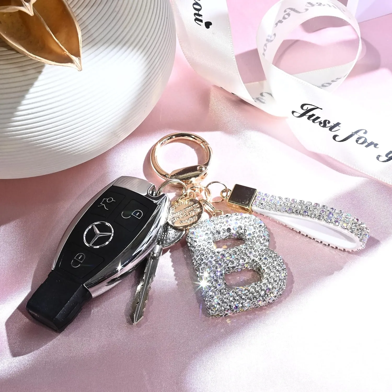 Pink Blue White Initial Letter Keychain Gift for Women Girls Bling Sparkly Cute Backpack Car Key Accessories Lanyard
