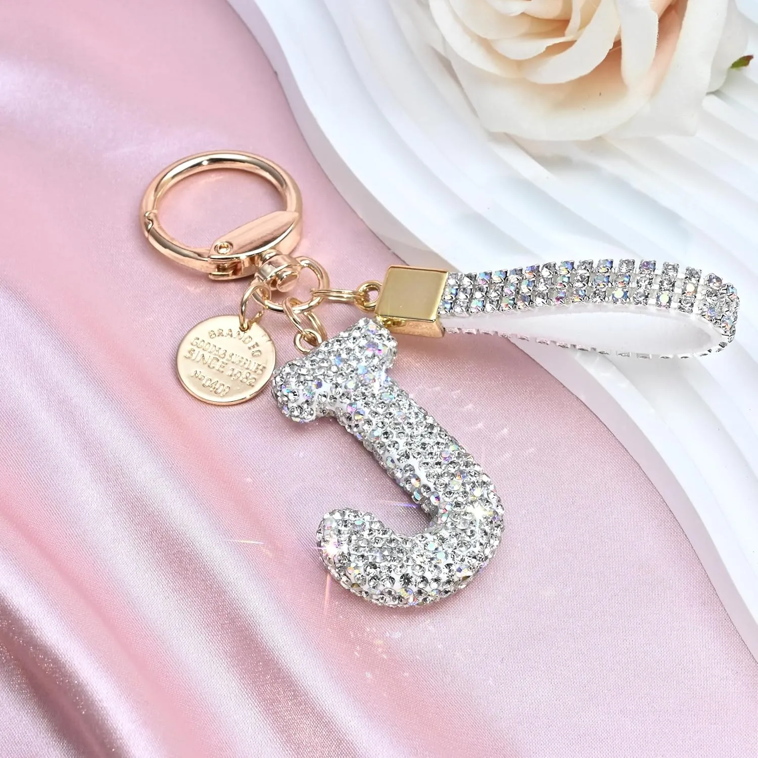 Pink Blue White Initial Letter Keychain Gift for Women Girls Bling Sparkly Cute Backpack Car Key Accessories Lanyard