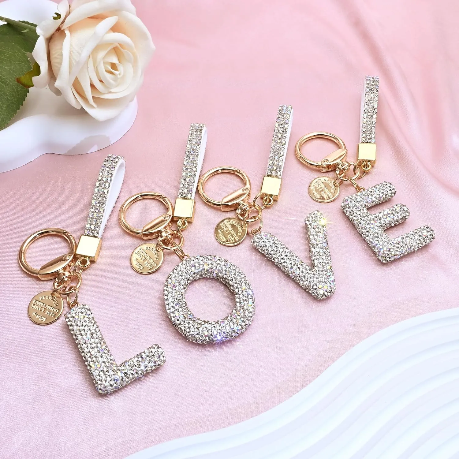Pink Blue White Initial Letter Keychain Gift for Women Girls Bling Sparkly Cute Backpack Car Key Accessories Lanyard