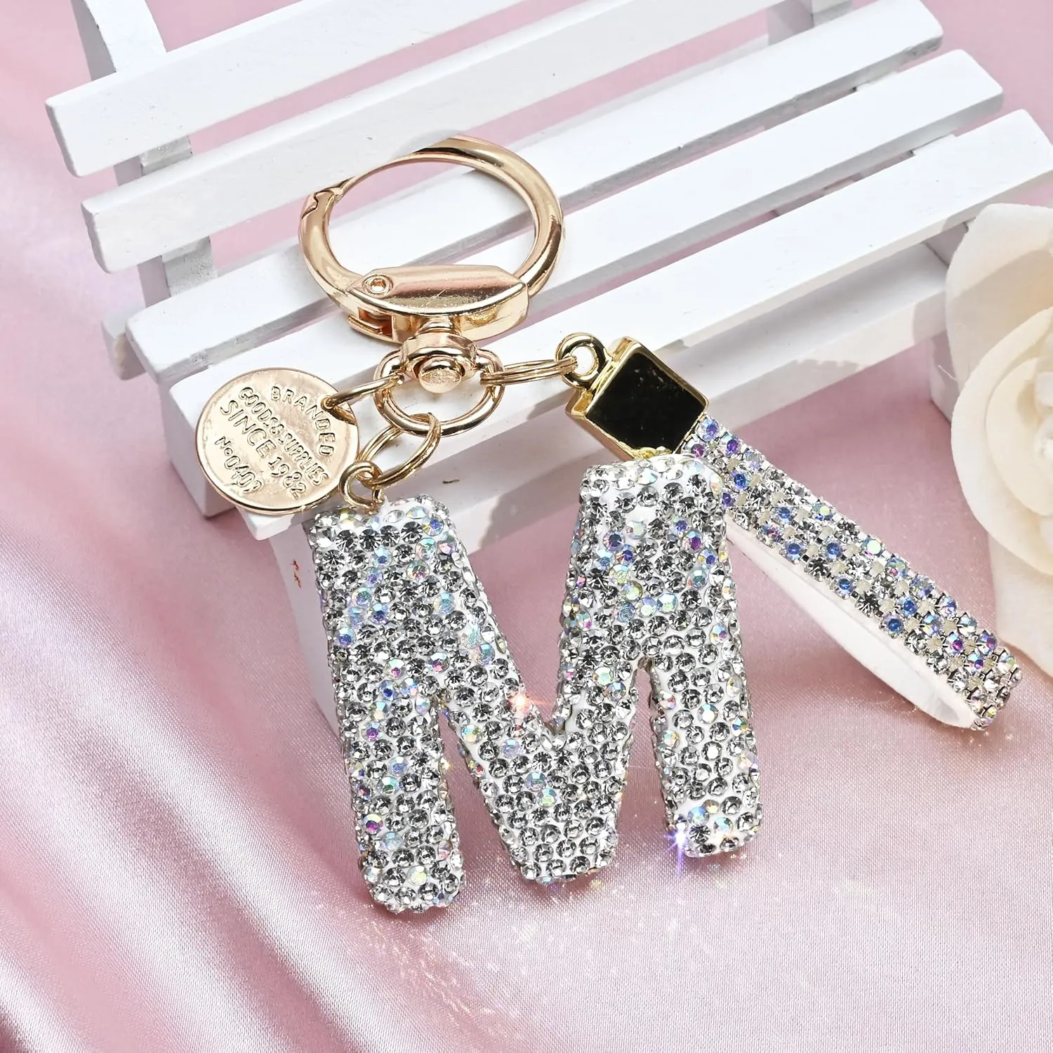 Pink Blue White Initial Letter Keychain Gift for Women Girls Bling Sparkly Cute Backpack Car Key Accessories Lanyard