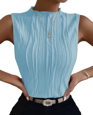 Poetsky Womens Summer Textured Tank Tops Sleeveless Mock Neck Tank Slim Fit Shirt Blouse