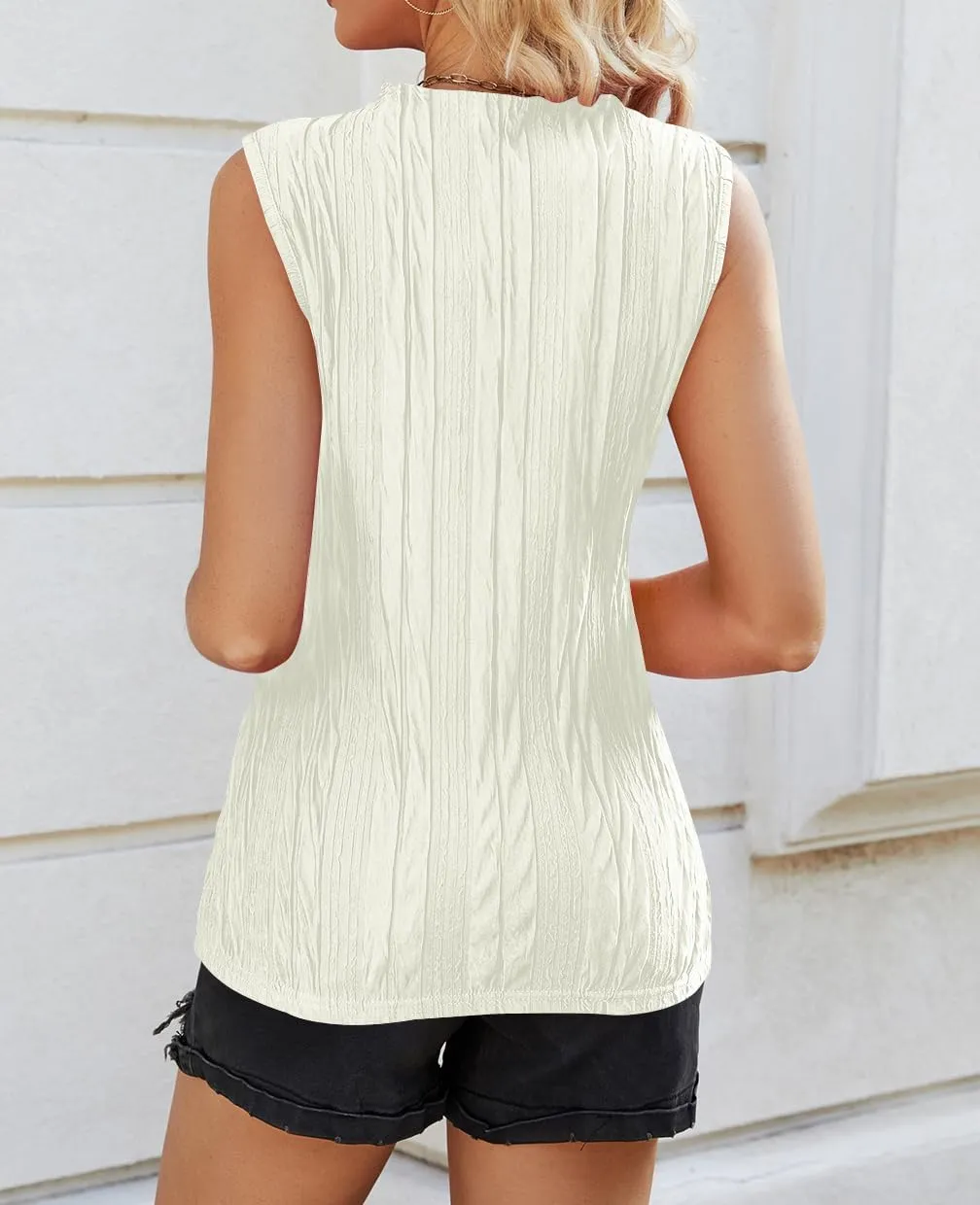 Poetsky Womens Summer Textured Tank Tops Sleeveless Mock Neck Tank Slim Fit Shirt Blouse