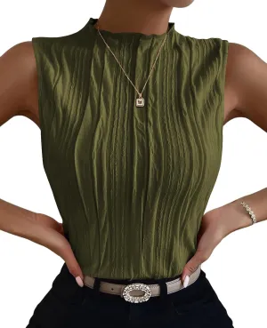 Poetsky Womens Summer Textured Tank Tops Sleeveless Mock Neck Tank Slim Fit Shirt Blouse
