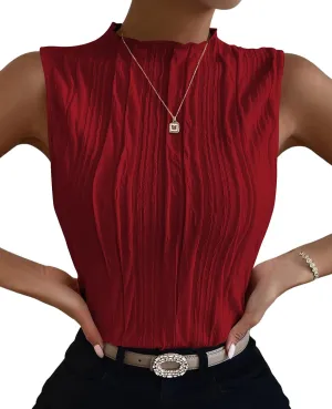 Poetsky Womens Summer Textured Tank Tops Sleeveless Mock Neck Tank Slim Fit Shirt Blouse