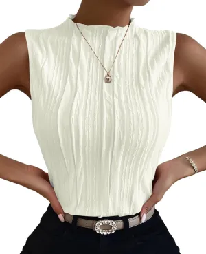 Poetsky Womens Summer Textured Tank Tops Sleeveless Mock Neck Tank Slim Fit Shirt Blouse