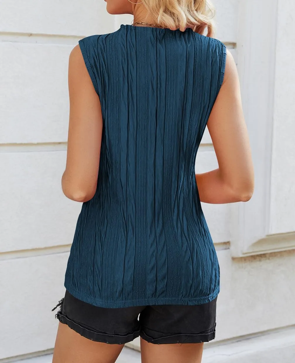 Poetsky Womens Summer Textured Tank Tops Sleeveless Mock Neck Tank Slim Fit Shirt Blouse