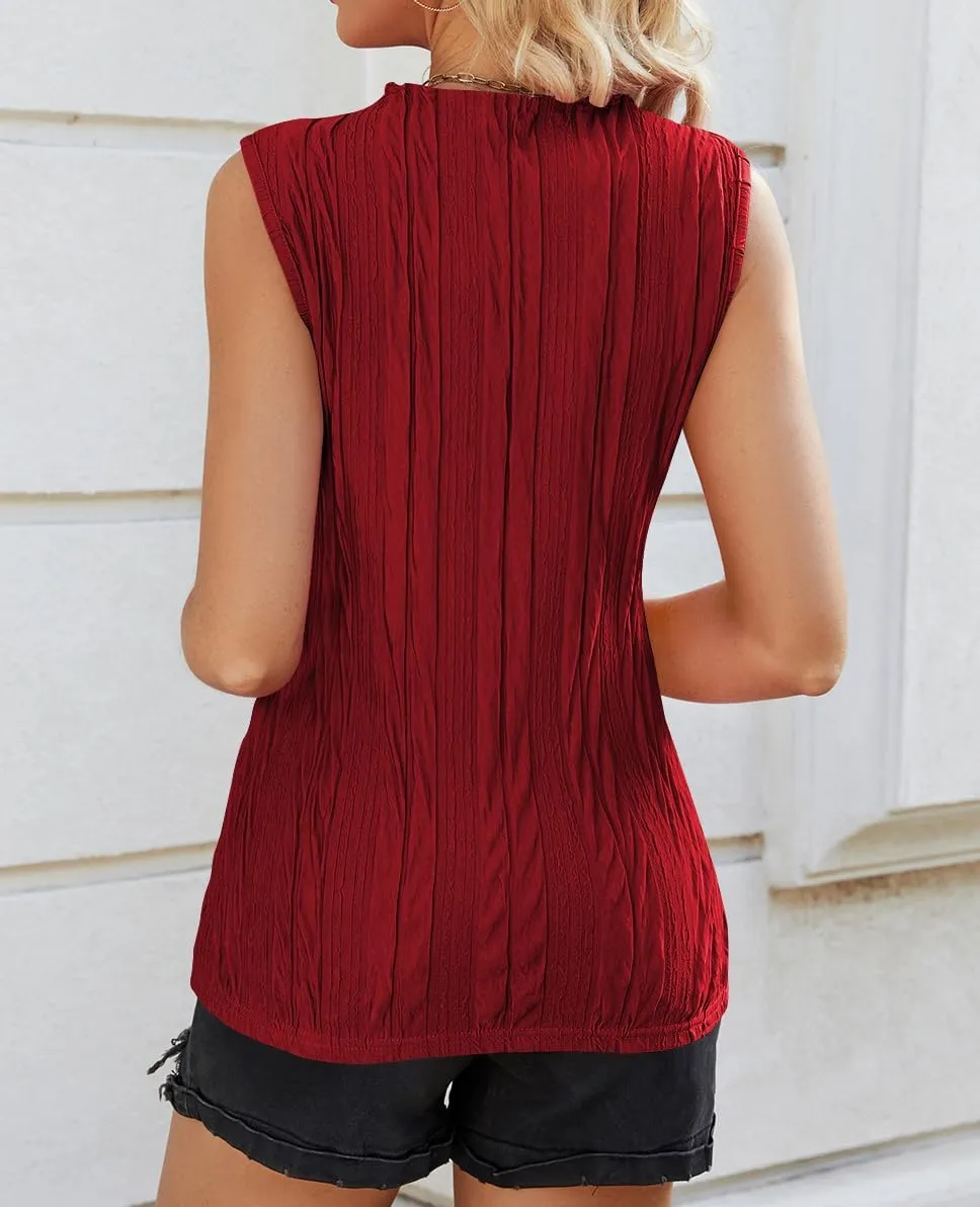 Poetsky Womens Summer Textured Tank Tops Sleeveless Mock Neck Tank Slim Fit Shirt Blouse