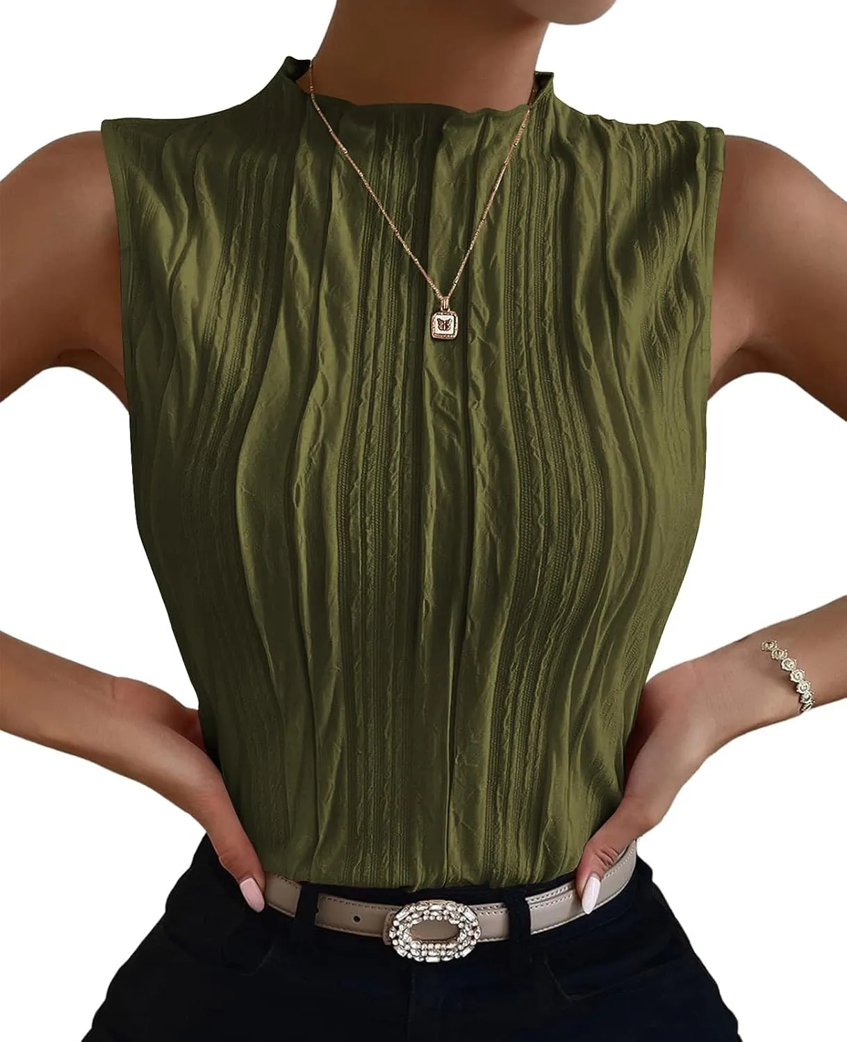 Poetsky Womens Summer Textured Tank Tops Sleeveless Mock Neck Tank Slim Fit Shirt Blouse