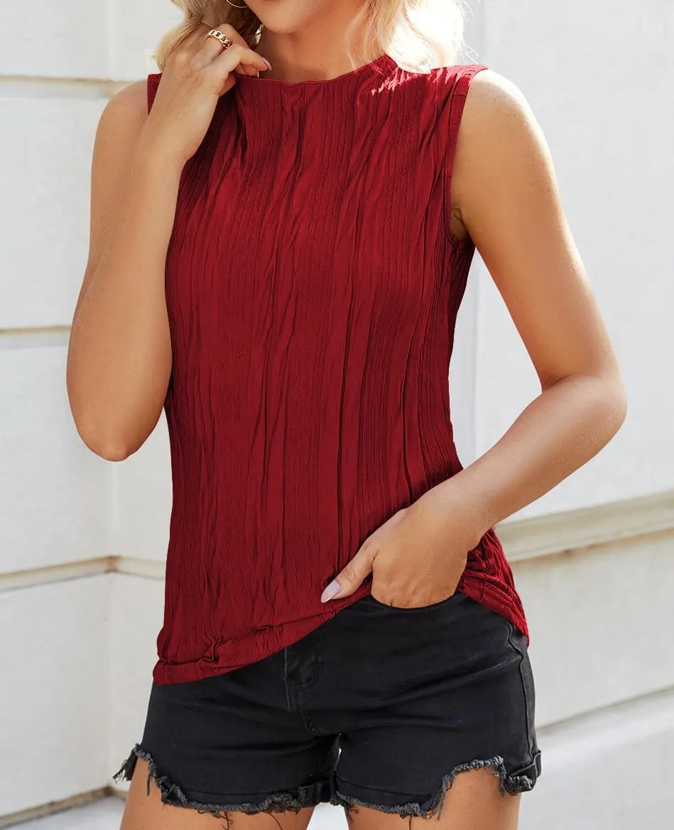 Poetsky Womens Summer Textured Tank Tops Sleeveless Mock Neck Tank Slim Fit Shirt Blouse