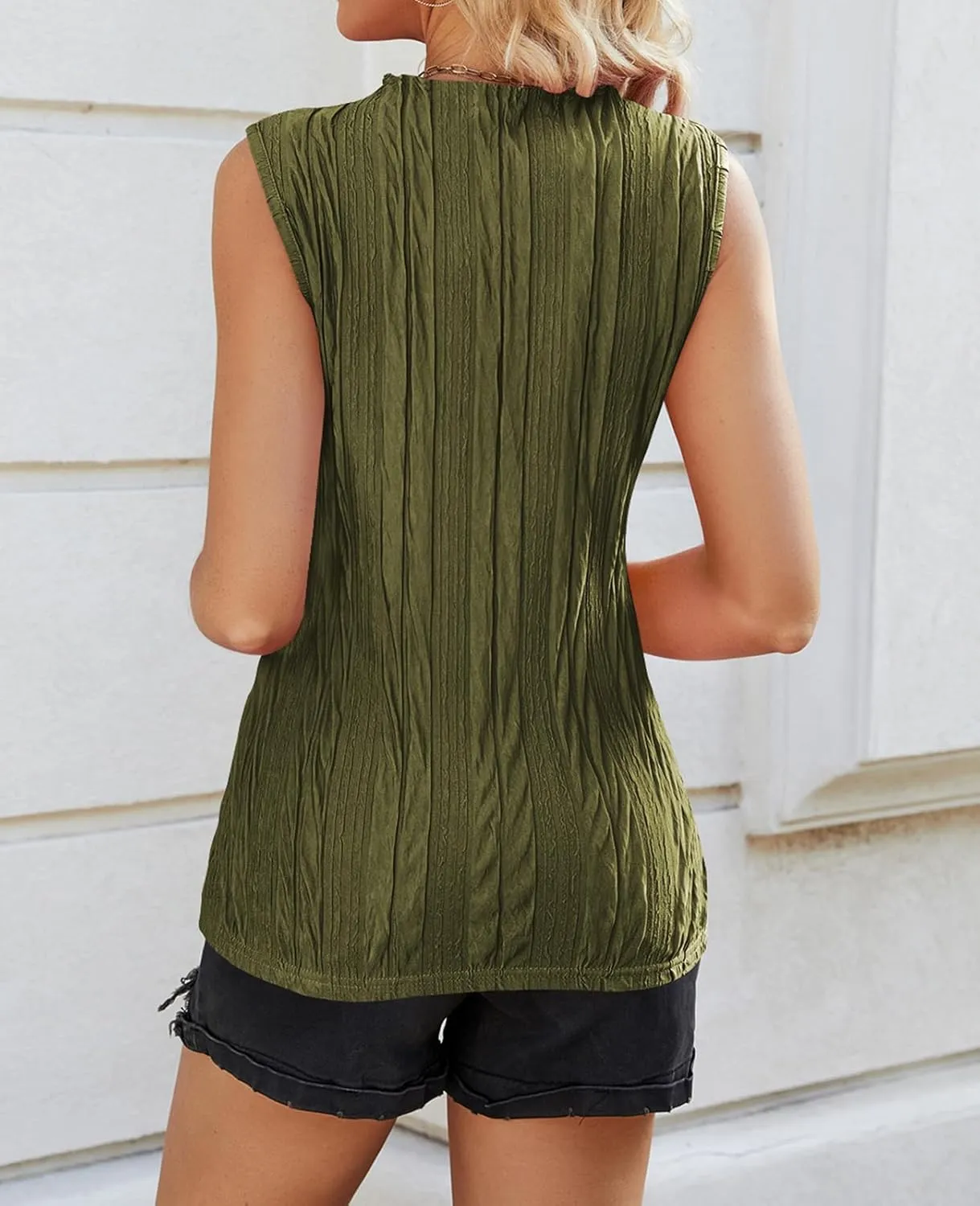 Poetsky Womens Summer Textured Tank Tops Sleeveless Mock Neck Tank Slim Fit Shirt Blouse