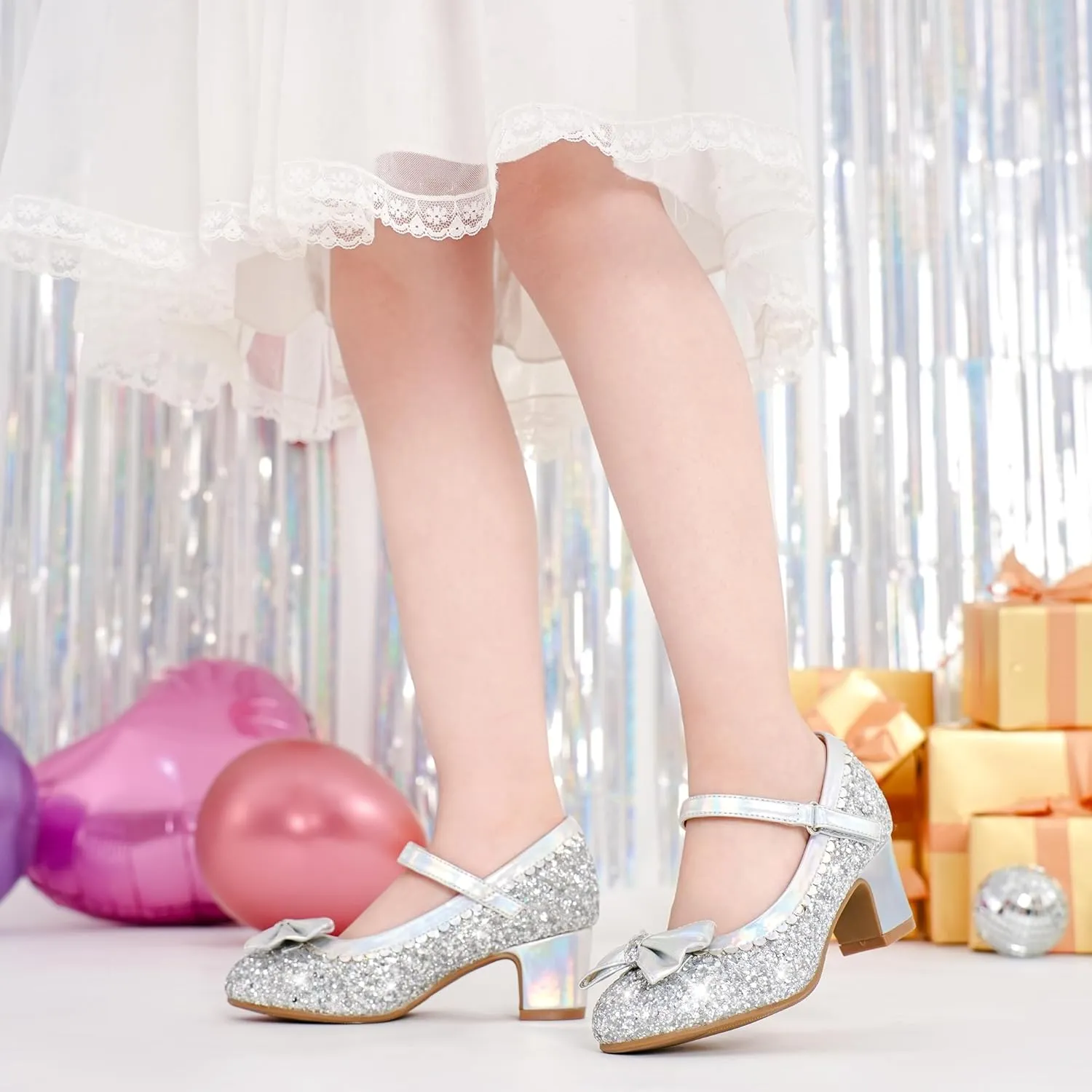 Princess Shoes High Heel Toddler Girls Dress Shoes Cute Bowknot Sparkle Mary Jane Flower Girls Wedding Birthday Party Prom for Little Big Kids
